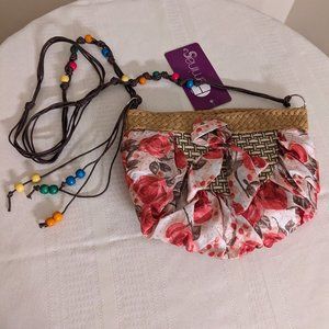 NWT - Femina Pink Florals  fabric mini crossbody purse  with dark brown straps,